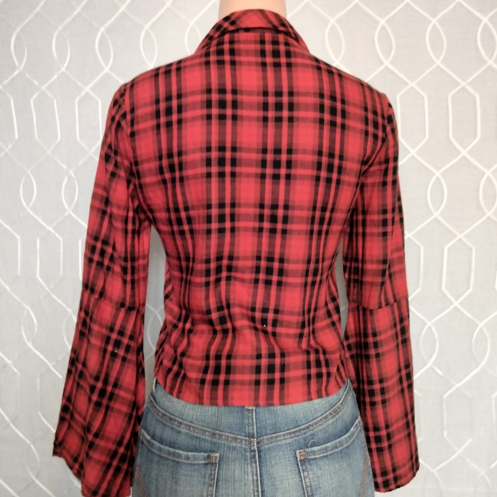Altar’d State Red & Black Checks large Bell Sleeves Button up Tie Front  Shirt M - Picture 7 of 9